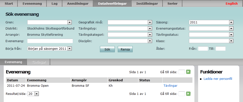 Administrera dataöverföringar Under fliken Dataöverföringar är det möjligt att ladda ner anmälningsfiler som kan importeras i ClubComp, samt ladda upp resultatfiler för klubbens tävlingar.