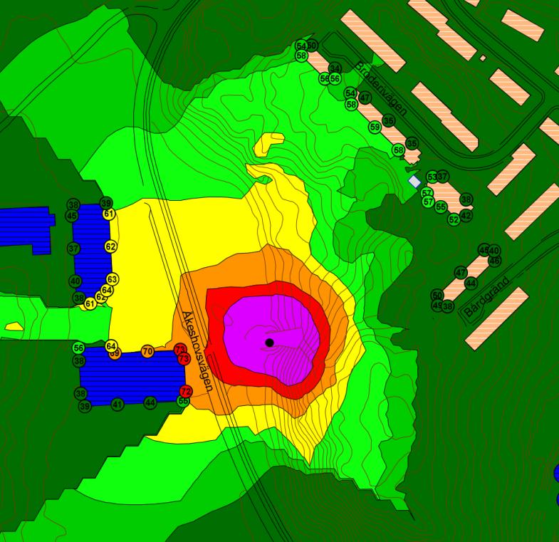 Åkeshov Beräknade ekvivalenta ljudnivåer från arbetsmomentet salvborrning beräknas uppgå till högst 59 db(a) vid närmast belägna bostadshus.