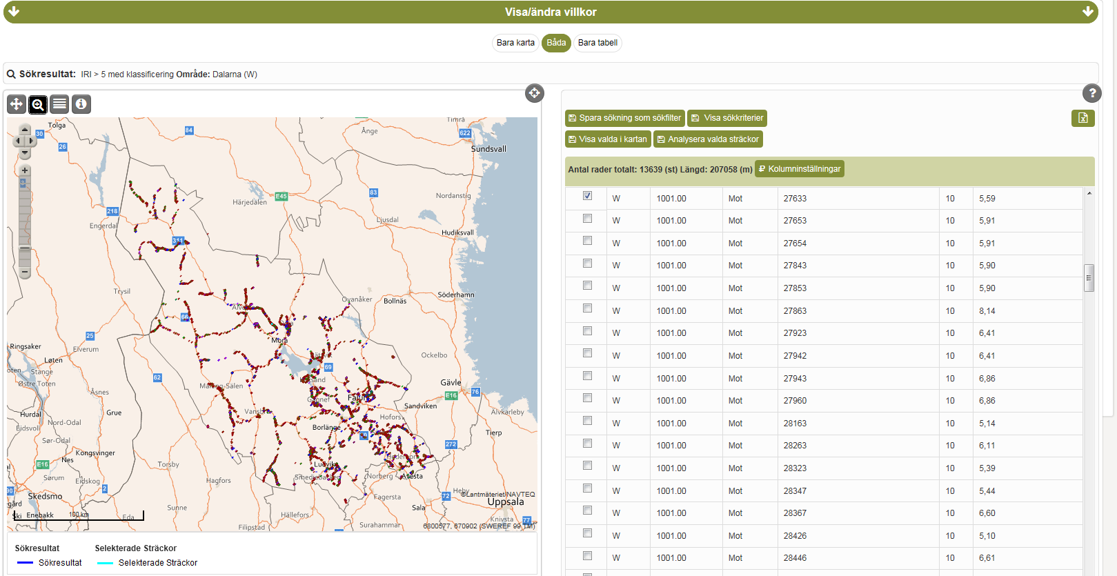 6.3 Sök sträckor resultat i karta och tabell Sökresultatet visas i form av en karta med markering av de sträckor som stämmer med sökvillkoret. Samma sträckor presenteras i tabellform.