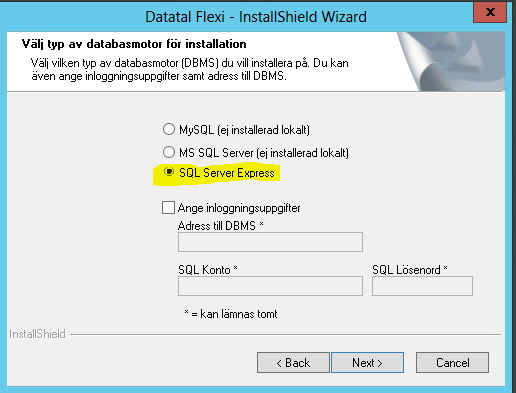 16 Välj här vilken databasmotor du tänker använda tillsammans med Flexi. Rekommenderad databasmotor är SQL server Express.