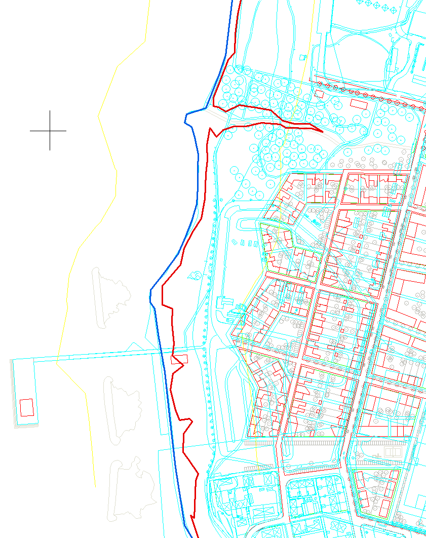 N Figur 5-2 Nuvarande kustlinje (blå) och högvatten med 100 år återkomstid (röd; +1,5 m). Detalj vid Norra Borstahusen visas, notera den planerade bebyggelsen i rött.