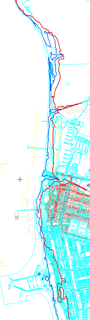 N Figur 5-3 Nuvarande kustlinje (blå) och högvatten med 100 år återkomstid (röd; +1,5 m). Detalj vid Borstahusen visas, notera den planerade bebyggelsen i rött.
