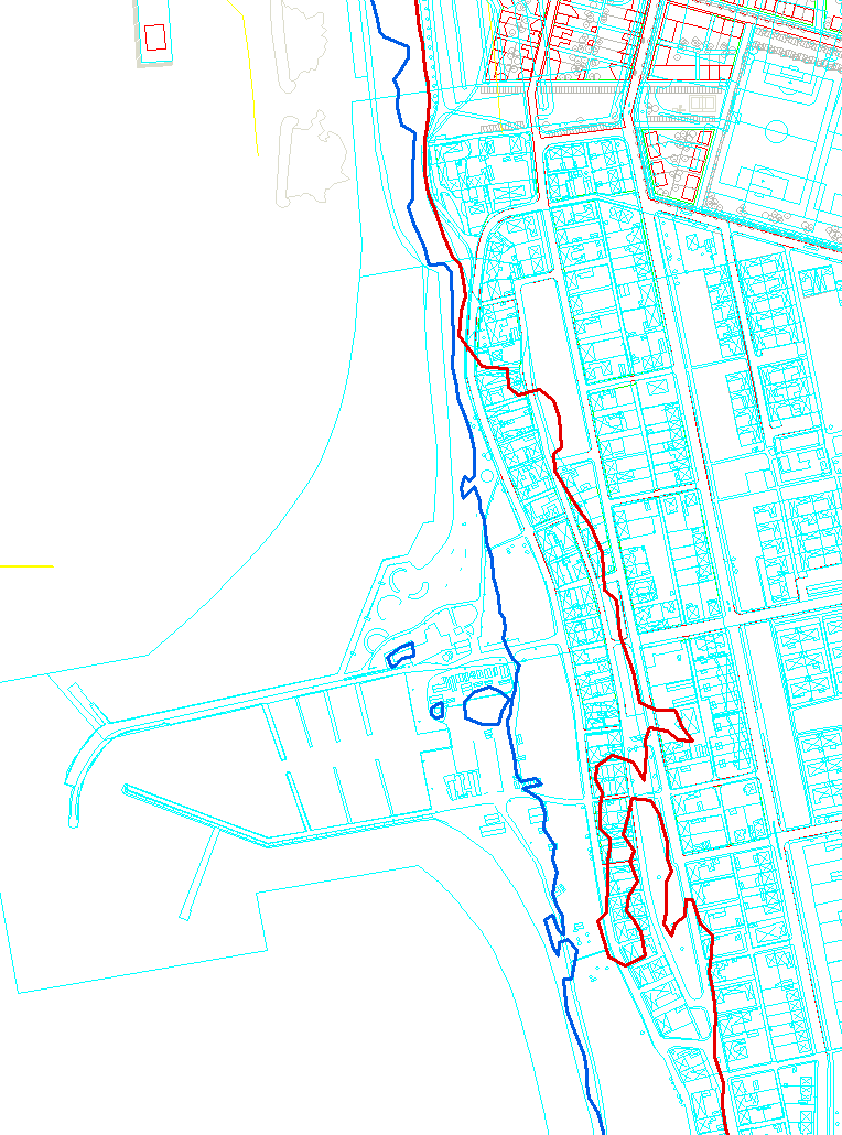 N Figur 5-6 Framtida kustlinje (blå; +1,6 m) och högvatten med 100 år återkomstid (röd; +3,1 m). Detalj vid Borstahusen visas, notera den planerade bebyggelsen i rött.