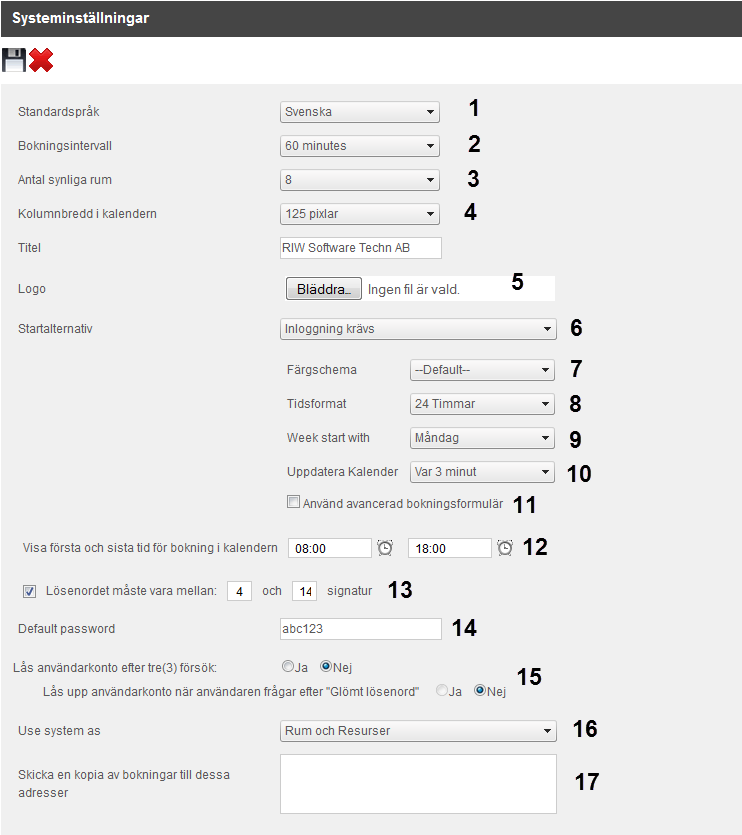 Page 20 of 24 Systeminställningar 1. Standardspråk för användarna. 2. Intervall för kalenderbokningar. 15, 30 och 60 min. 3. Möjlighet att ställa in antal rum som ska vara synliga i översikten 4.
