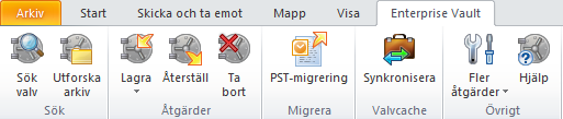 Kapitel 3 Enterprise Vault-alternativ och postlådeikoner Kapitlet innehåller följande avsnitt: Enterprise Vault-alternativ i menyfliksområdet i Outlook Enterprise Vault-sidan i Outlook Backstage-vyn