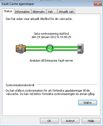 Hantera Enterprise Vault-arkivering Synkronisera Vault Cache 41 Pausa eller återuppta synkronisering 1 Klicka på fliken Arkiv och sedan på Enterprise Vault. 2 Klicka på Konfigurera Vault Cache.