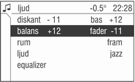 Inledning 83 Ljudinställningar I menyn ljud som du kommer åt via knappen SOUND eller via menyn audio finns följande alternativ.