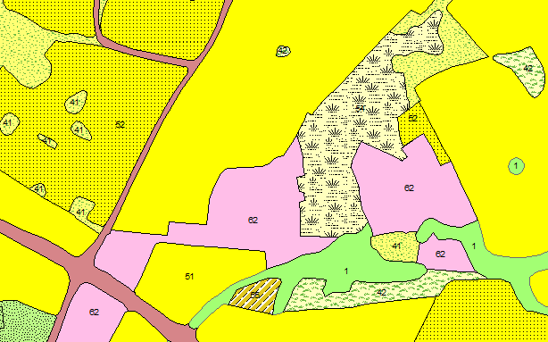 Detaljerat exempel på den lägsta ambitionsnivån, Fastighetskartan översatt till förenklade markslagsklasser.