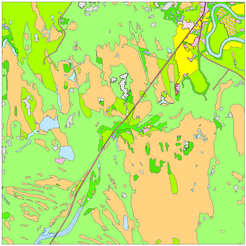 Exempel ruta dominerad av skog och myr i norra Sverige Exempel på lägsta ambitionsnivån. Fastighetskartan översatt till förenklade markslagsklasser. NILS KM-ruta är inte ansluten.