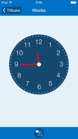 16.8.1 Datum När Datum är valt visas datumfältet överst i klockvyn: 16.8.2 Tid på dygnet När Tid på dygnet är valt visas det om det är morgon, dag, kväll eller natt: 16.8.3 Knapp för uppläsning varje kvart (chimefunktion) När Visa knapp för uppläsning varje kvart är valt visas knappen 14.