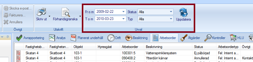 Filtrering Filtreringsdelen består ett fönster som presenterar de olika filtrerings-/urvalsalternativ som varje flik erbjuder för att användaren ska kunna filtrera innehållet som presenteras i