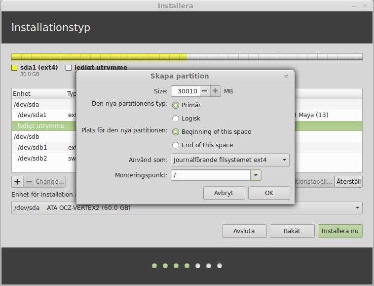 Välj typ av partition (varje enhet kan ha max 4 primära partitioner - om du behöver flera så måste några vara logiska),