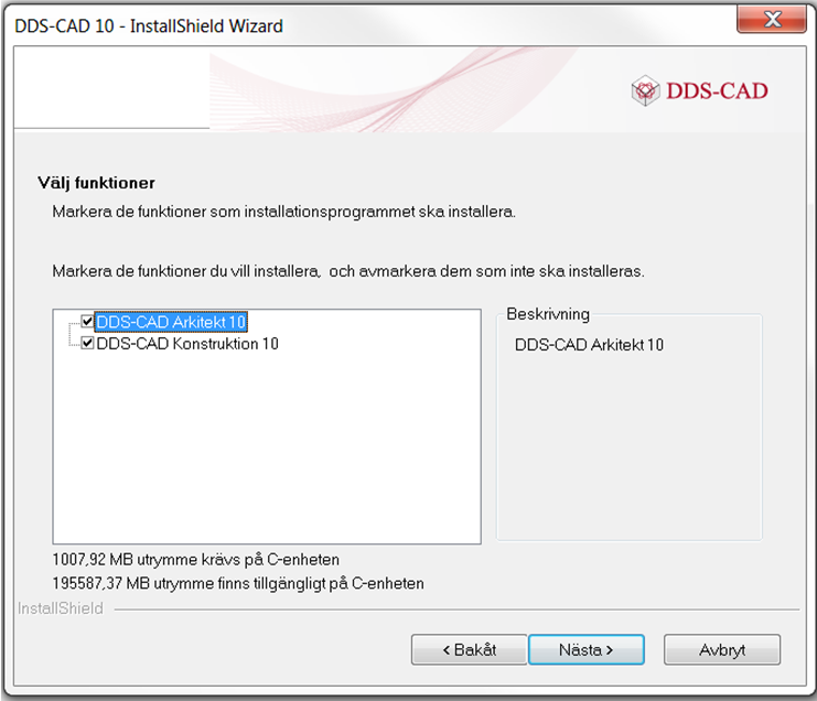 Välj installationsvariant Fullständig för en full installation av DDS- CAD: Markera för vad som ska med i installationen.