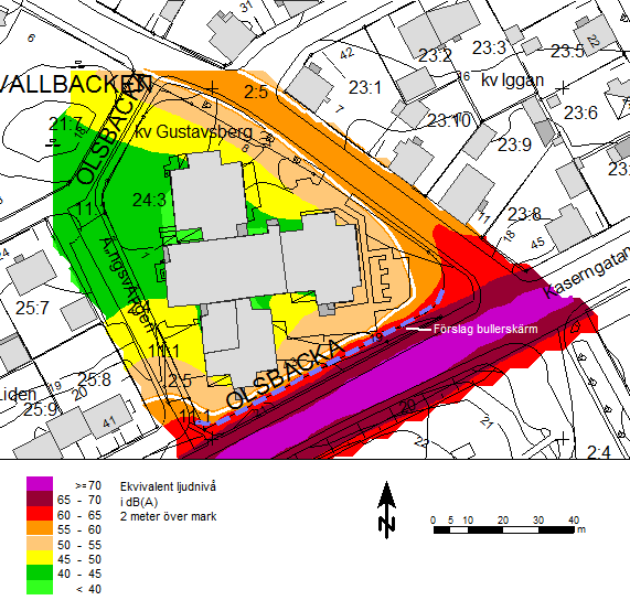 Förslag på åtgärder Alternativ 1 För att förbättra utomhusmiljö och sänka ljudnivån vid fasad kan en skärm placeras längs med Kaserngatan.