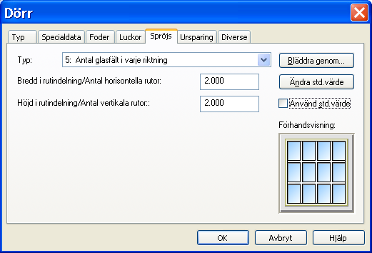 25.05.2009 Kapitel 3... 13 Det kan anges upp till fyra stycken specialdata för enskilt fönster, dörr eller öppning. Dialogrutan visar de som är aktuella med beskrivande text.
