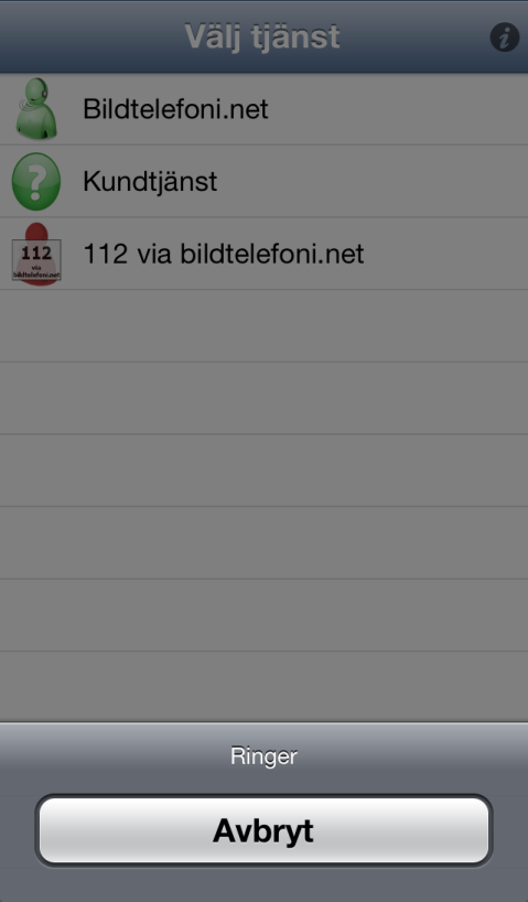 Hur du ringer ett samtal Så här ser huvudfönstret ut i ios-appen. Bild: Startskärm i bidtelefoni.net:s ios-app Bild: Ringer ett samtal med bildtelefoni.