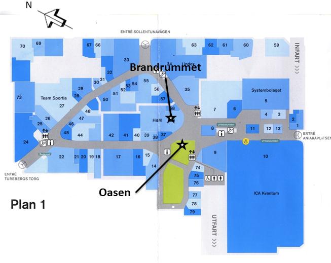 Sikt [m] Figur 38. Brandrummets placering i brandscenario 2. Orginalbild: Sollentuna centrum Tour Guide. Redigerad av Emma Dahlstrand 2011-05-01. Branden startar här i rummet som visas i figur 38.