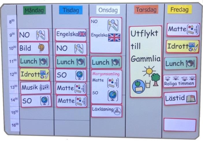 Färger, symboler/bilder och text används på en adekvat nivå utifrån elevens/elevernas behov.