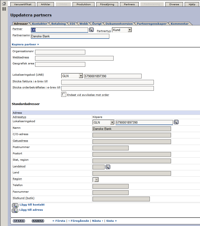 Senast Uppdaterad: 10-05-19 Exder Danske Bank EDI Sida 11 av 35 Partnern är nu skapad och ni hamnar på denna skärm. Här kan ni fylla i eventuella andra uppgifter om partnern.
