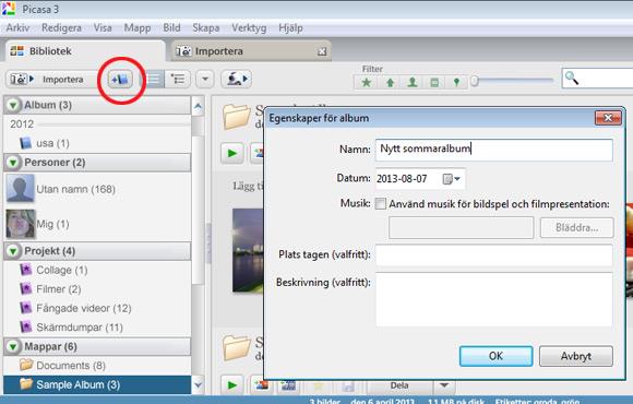 När du arbetar i Picasa kommer du att skapa album för dina bilder. Albumen är inte mappar, utan album som existerar endast i Picasa.