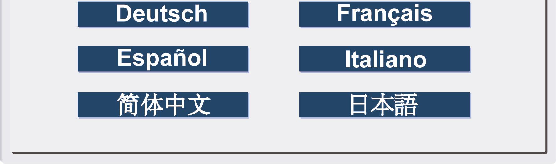 Välj bland engelska, tyska, spanska, förenklad kinesiska, traditionell kinesiska, franska, italienska och japanska.