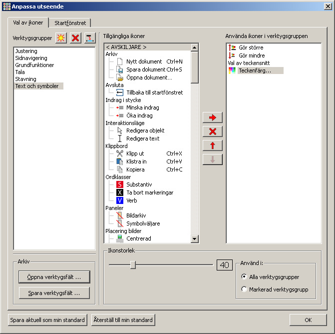 Inställningar, verktygsfält, skapa egna startikoner Programinställningar När man använder programmet kan man ändra alla inställningar för symboler, format av text, tal osv.