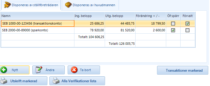 Nytt bankkonto Klicka på knappen Nytt för att lägga in ett nytt bankkonto. För att ändra ett bankkonto, markera kontot och klicka på Ändra knappen. Se till att du anger rätt datum för ingående belopp.