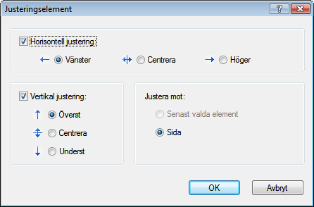 Fönstret Justera element 10 Fönstret Justera element I fönstret Justera element kan du justera element i förhållande till sidan, d.v.s. den redigerbara arbetsytan, eller i förhållande till ett annat objekt.