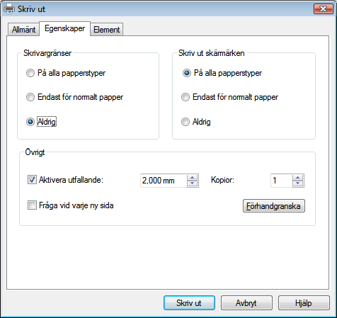 Skriva ut dokumentet 15.1.1 Fliken Egenskaper På fliken Egenskaper finns tre områden: Skrivargränser, Skriv ut skärmärken och Övrigt.