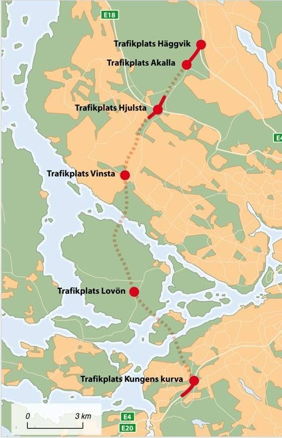 Förbifart Stockholm Längd: Tunnel: Restid: Antal körfält: Trafikplatser: drygt 21 km drygt 18 km ca 15 min tre i vardera