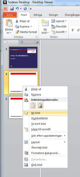 Disposition Bilder Bildminiatyrer Bildruta Anteckningar Lägga till/ta bort bild (slide) För att lägga till en ny bild är det enklast att markera bilden i vänsterfältet, högerklicka och välja Ny bild.