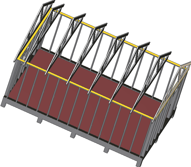 Takstolar & Hammarband Ovanpå väggreglarna placeras s.k. hammarband (gula på bilden) På dessa placeras sedan takstolarna. Våra hammarband har måtten 45x145 (liggande) 0BS!