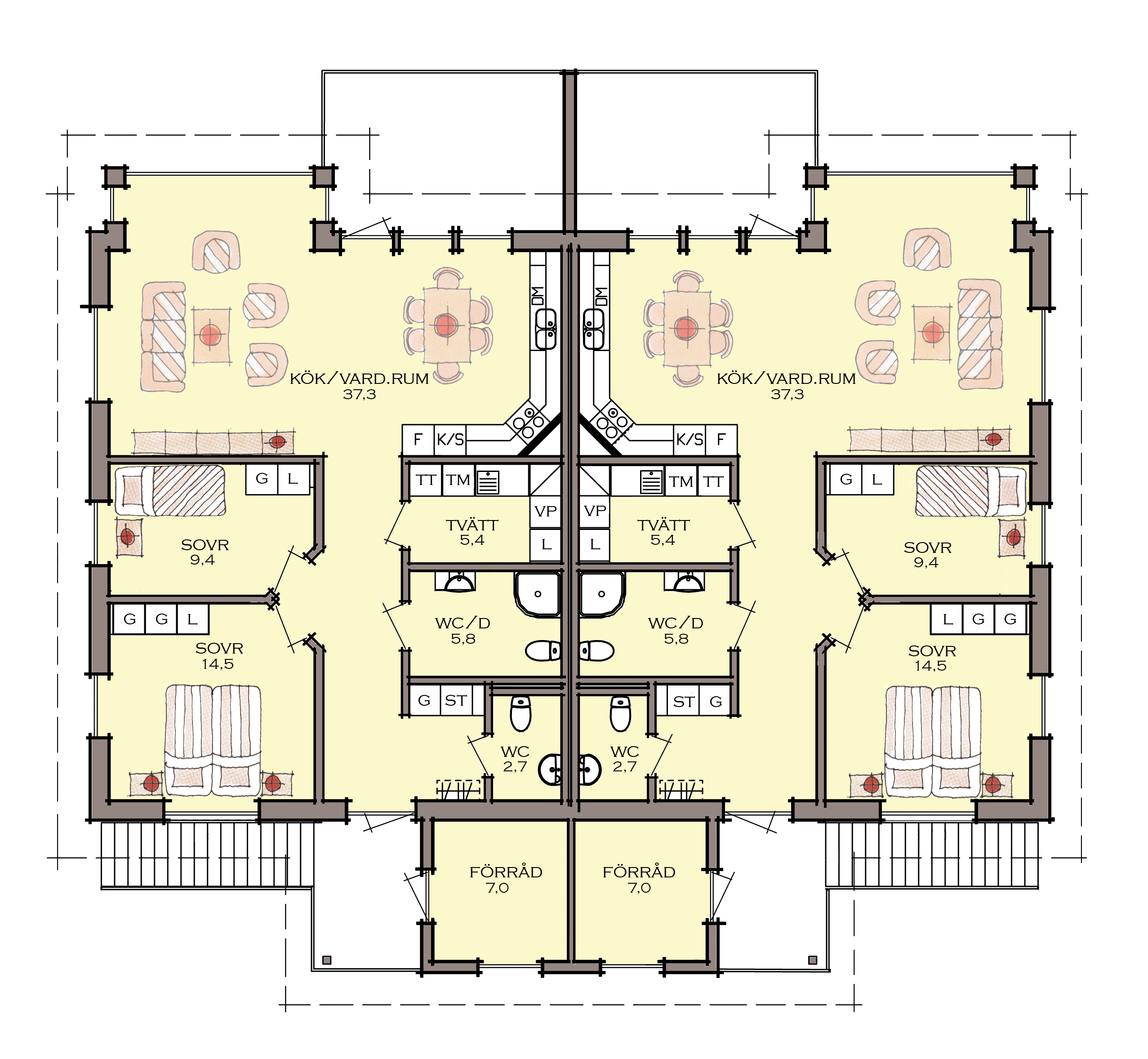 Lägenhetshus - planlösning En härlig, öppen och praktisk planlösning på 93 m2. Här välkomnas ni in i en stor och generös hall med tillhörande gästtoalett.