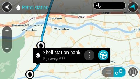Om en rutt har planerats visas bensinstationer längs rutten på kartan. Om en rutt inte har planerats visas bensinstationer nära din nuvarande plats på kartan.