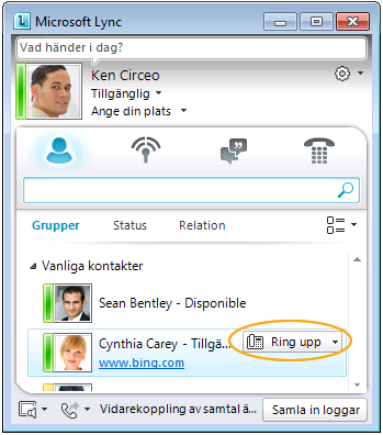 Ringa en kontakt Så här ringer du en kontakt: 1. Öppna Lync och hitta den kontakt du vill ringa i kontaktlistan eller genom att skriva in personens namn eller nummer i sökrutan. 2.