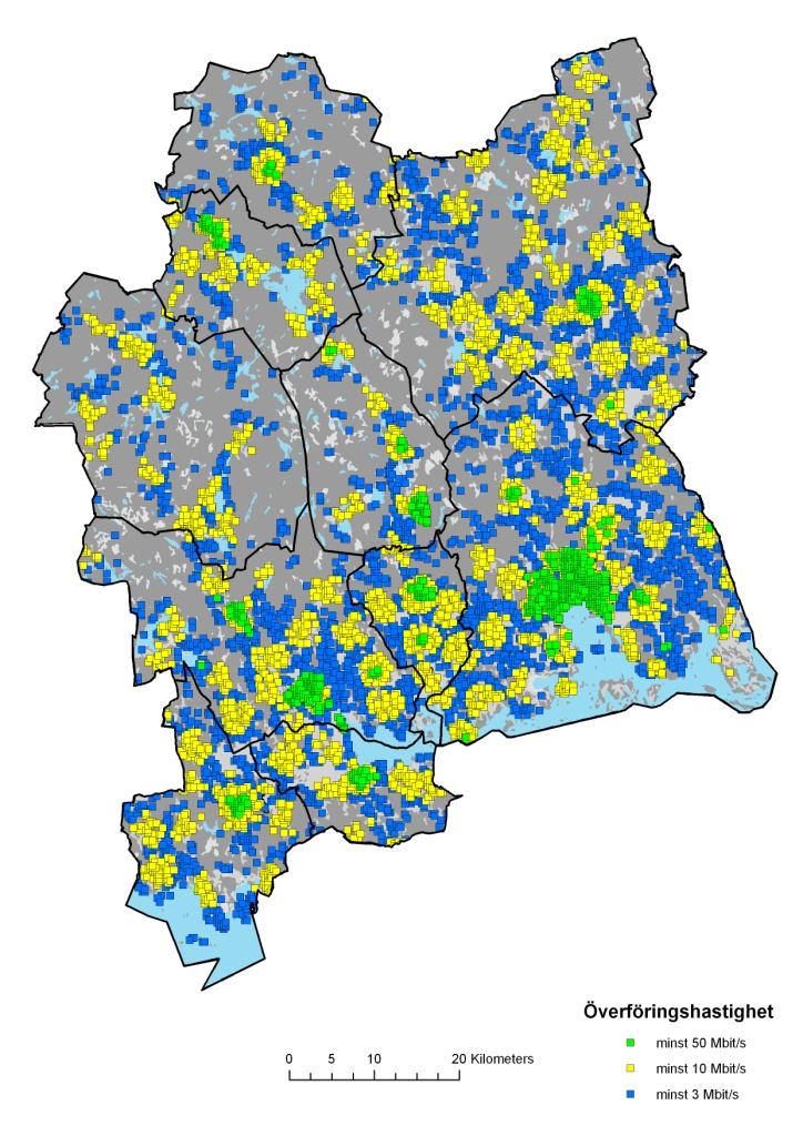 Tillgång till bredband med olika kapacitet Bredband med högst kapacitet tillgängligt i större tätorter där fibernät och kabel-tvnät finns utbyggda.