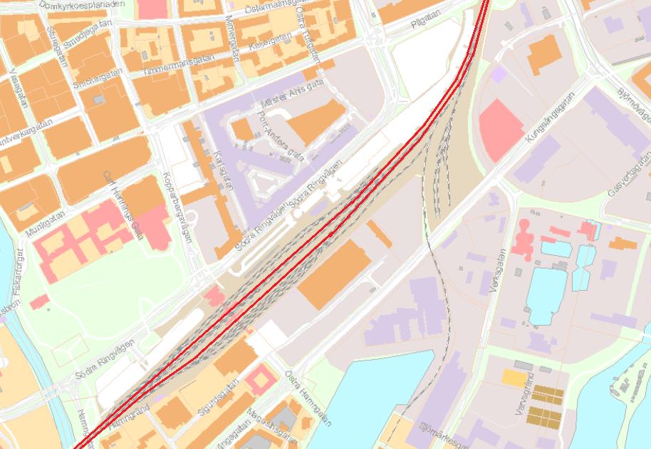Områdesbeskrivning 17 Stationen Figur 7 Bild över spåren där farligt gods transporteras 1 9 8 2 7 3 6 4 5 Figur 8 Principskiss spårområdet på stationen Figur 8 visar spårområdet vid stationen, sett