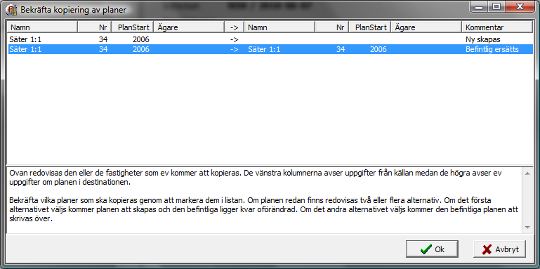 Om planen redan finns på den lokala datorn, t ex om den tidigare är uttagen för visning, visas följande dialog. Kontrollera alltid namnen på planen.