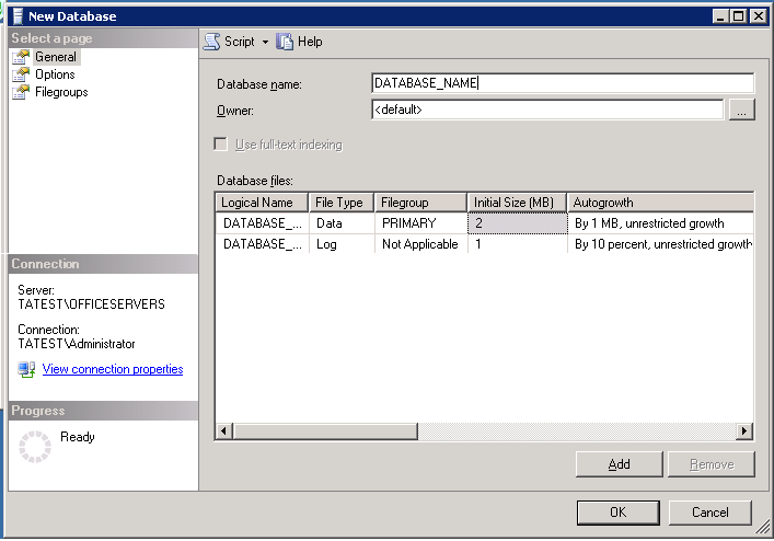 Installera Documentum Archive Services-databasen Figur 2. Ny SQL-databas. 4. Fyll i dialogrutan enligt dina riktlinjer för databashantering.