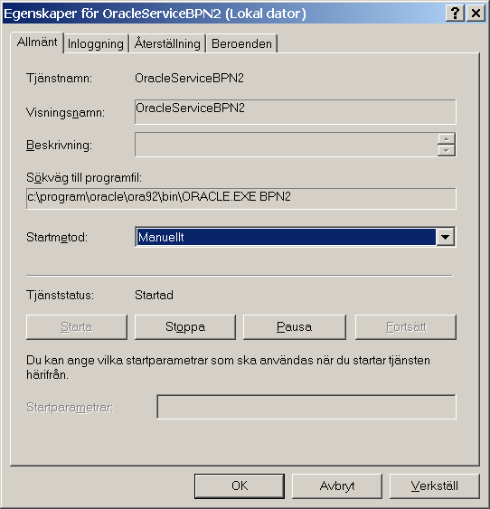 Ändra Startmetod till Manuellt (se bild till höger) för respektive tjänst och klicka på OK. Skapa en textfil med namnet ORASTART.