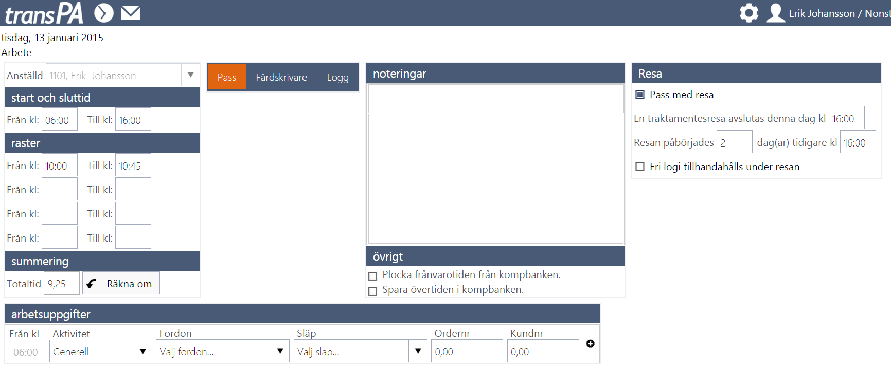 Skapa tidrapport enligt schema Med avvikelser 1.Här ligger nu tider som förslag enligt schemat, med Start o Sluttid, Raster, ev Aktiviteter, Fordon mm. 2.