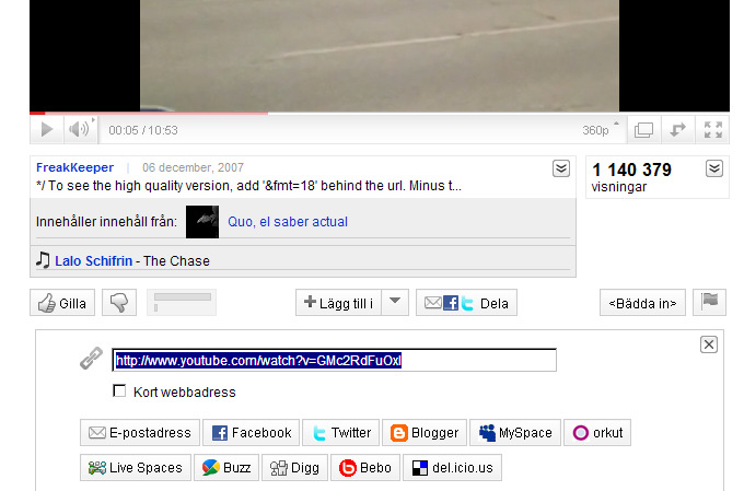 Vi har gått in på ett YouTubeklipp och har klickat på Dela, då kom rutan med adressen och en