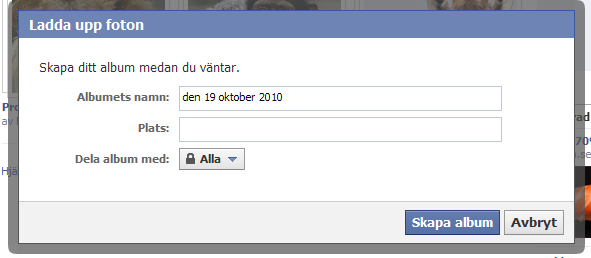 Du kan nu välja om du vill publicera på din sida att du lagt upp en bild och skapat ett nytt album.