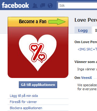 Från Applikationssidan väljer du Love Percentage. Då kommer du till den applikationens facebooksida. Där väljer du Gå till applikationen.