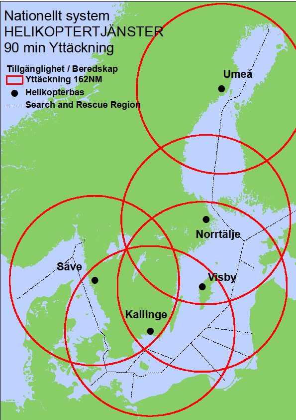 Figur 5 Sjöfartsverkets SAR-helikoptrar Cirklarna representerar räckvidd
