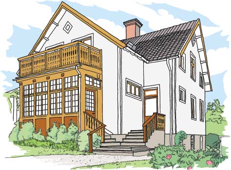 Långnäs. Huset har en färgsättning med blågrå putsfasad och vita detaljer i puts och trä.