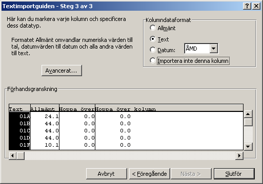 I steg 2 bestämmer du hur kolumnerna är uppbyggda i din lista. I exempelfilen hittade Excel kolumnerna själv men i vissa typer av listor kan du behöva ange kolumnerna manuellt.