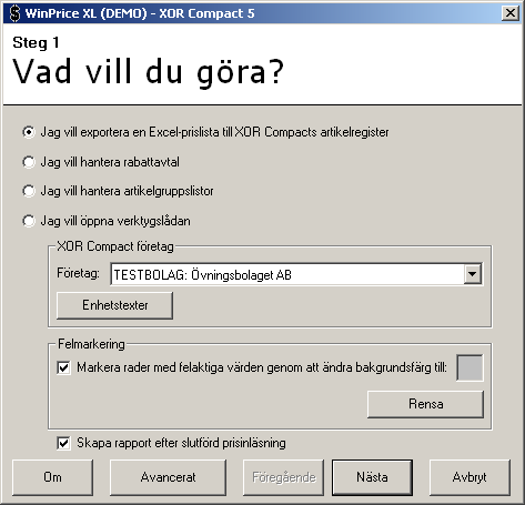 3. Användning I WinPrice XL utför du dina uppgifter med hjälp av steg för steg guider. Du navigerar dig genom guiderna genom att ange vissa val och använda Föregående och Nästa knapparna.