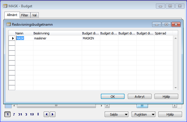 Vill du skapa en ny budget tryck F3. Ange namn och beskrivning för budgeten.