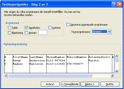 6. Om du använder Microsoft Excel 2003 eller tidigare kommer programmet starta Textimportguiden (se illustrationerna nedan).